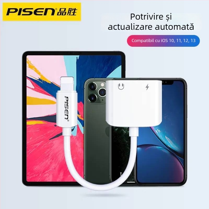 Pisen adaptor 2-în-1 pentru iPhone: încărcare și redare muzică, compatibil cu Apple 7/8/X/XR/11/12/13/14, streaming mobil