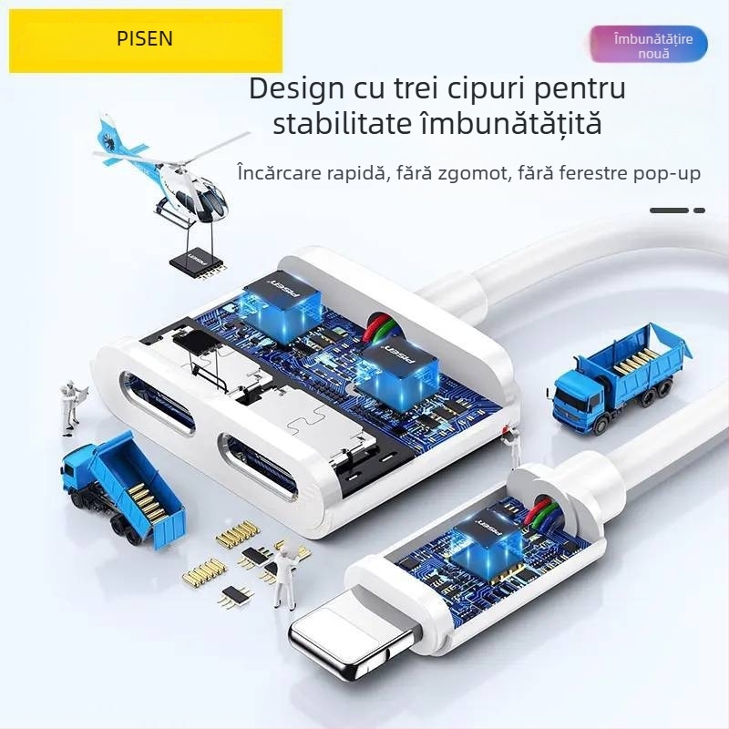 Pisen adaptor 2-în-1 pentru iPhone: încărcare și redare muzică, compatibil cu Apple 7/8/X/XR/11/12/13/14, streaming mobil
