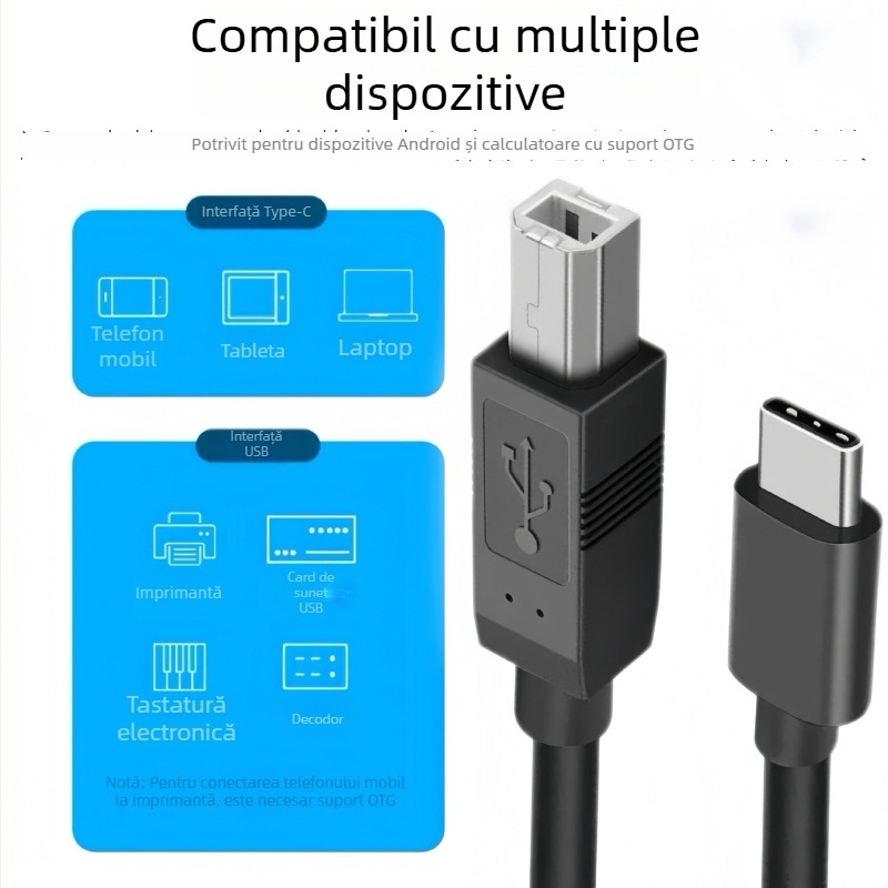 Cablu imprimantă Type-C către USB-B, USB 2.0 de înaltă viteză, Cupru, Lungime 0.5–3 m, pentru PC