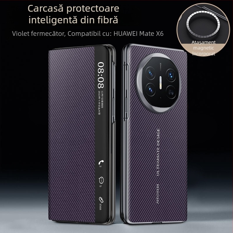 Carcasă Huawei Mate X6 din fibră de carbon cu Smart Window, ultra-subțire, acoperire completă