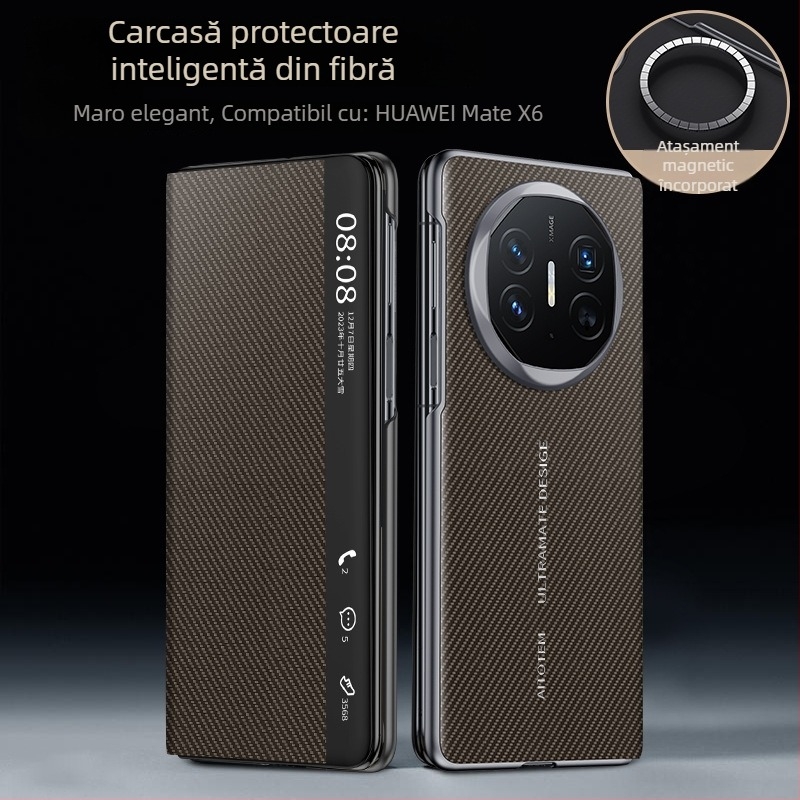 Carcasă Huawei Mate X6 din fibră de carbon cu Smart Window, ultra-subțire, acoperire completă