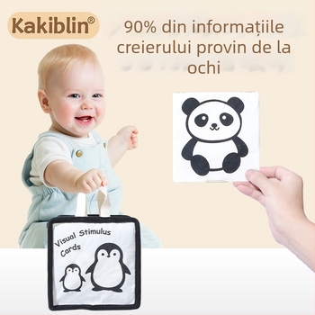 Kakiblin carduri optice din bumbac organic, alb-negru, pentru bebeluși și o carte textilă pentru învățarea timpurie – bumbac, vârstă 0–3 ani, stimulare vizuală, dezvoltare senzorială și cognitivă, dezvoltare emoțională