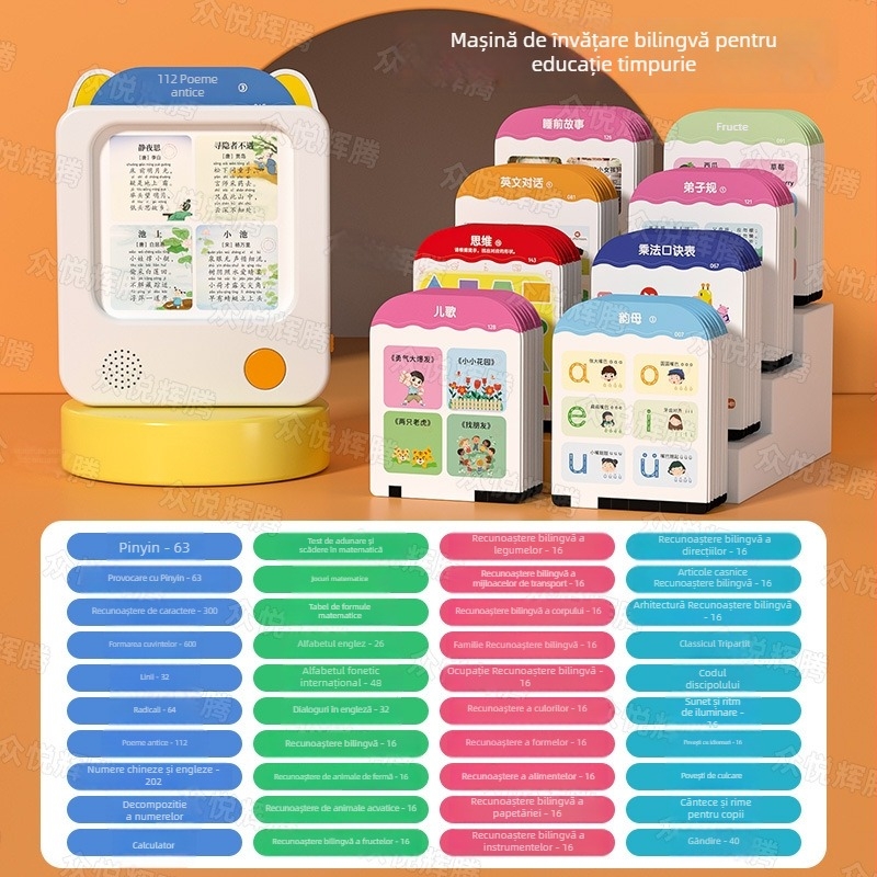 Pix de citire cu carduri pentru limbă, matematică și engleză — electric, reîncărcabil, cu atingere și reacție, carcasă din plastic, pentru copii 0-3 ani