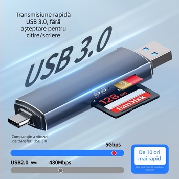 Maimang D-518 Cititor de carduri USB 3.0 / Type-C pentru SD și TF, corp din aliaj de aluminiu, citire duală simultană, greutate 16,5 g