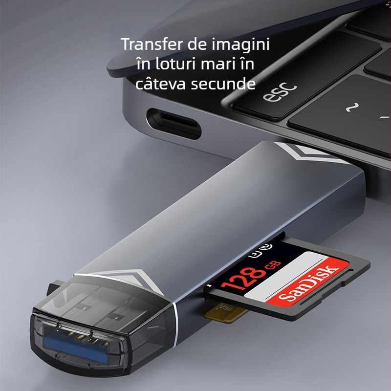 Maimang D-518 Cititor de carduri USB 3.0 / Type-C pentru SD și TF, corp din aliaj de aluminiu, citire duală simultană, greutate 16,5 g