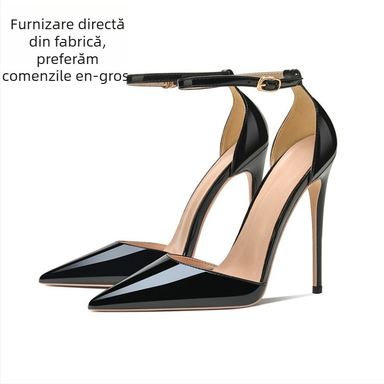 Sandale cu bretele, vârf ascuțit, toc înalt de 12 cm, toc subțire, partea superioară din microfibră