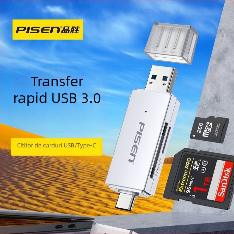 Pisen Cititor USB 3.0 OTG pentru carduri SD/TF — USB-C, utilizare duală pentru telefon și PC