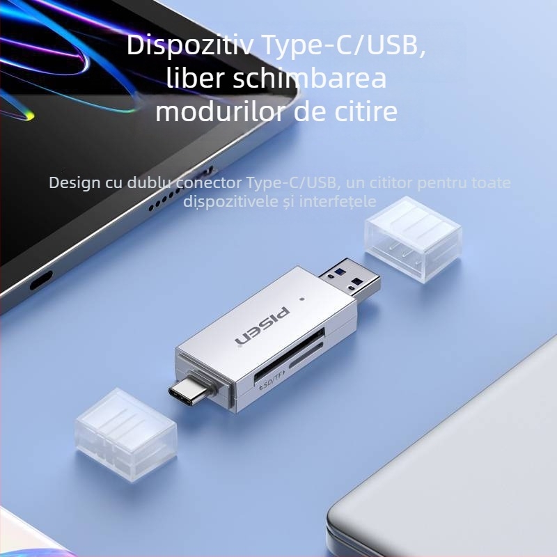 Pisen Cititor USB 3.0 OTG pentru carduri SD/TF — USB-C, utilizare duală pentru telefon și PC