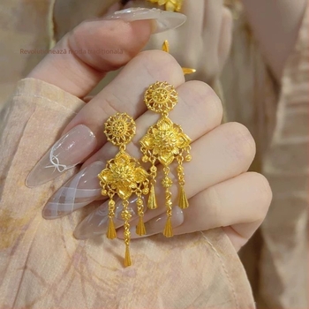 Cercei din cupru, cu motiv floral și ciucuri, placare electro, stil chinezesc, pentru femei