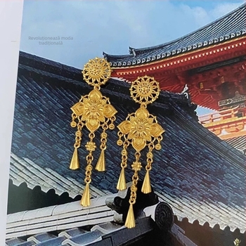 Cercei din cupru, cu motiv floral și ciucuri, placare electro, stil chinezesc, pentru femei