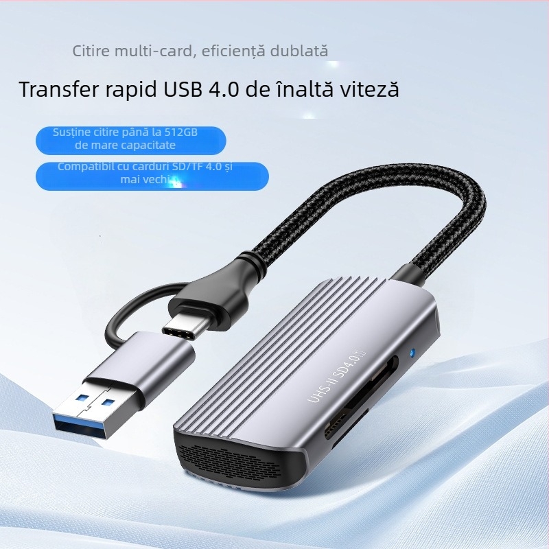 Cititor USB 4.0 All-in-One pentru carduri SD/TF, Interfață Type-C, Plug-and-Play, Aliaj de aluminiu