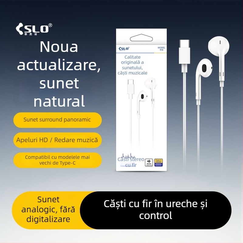 Căști In-Ear Type-C cu control inline, driver cu bobină mobilă, cablu de 1,2 m, compatibile cu Android