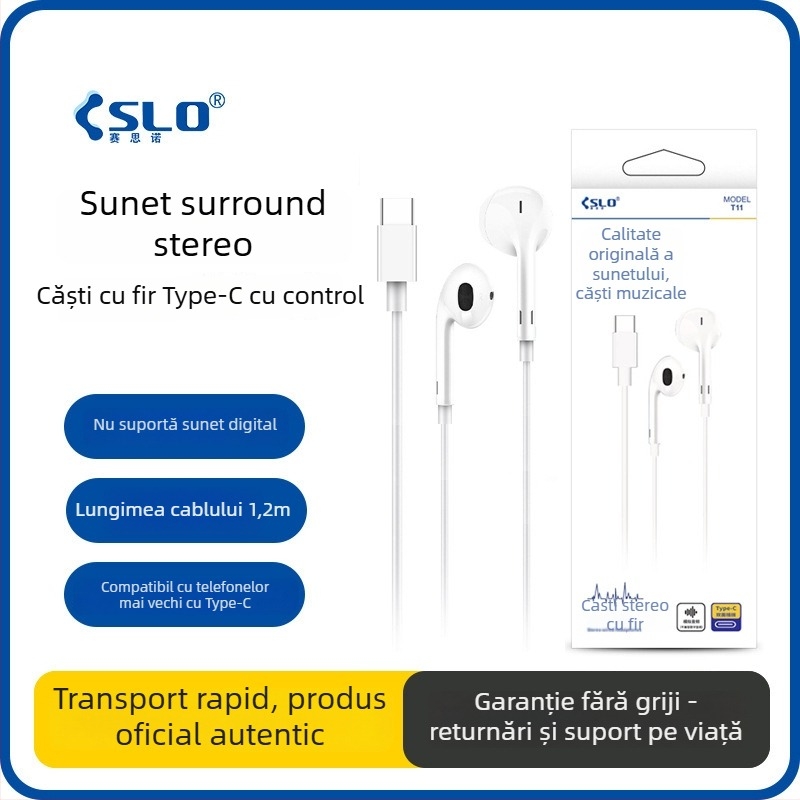 Căști In-Ear Type-C cu control inline, driver cu bobină mobilă, cablu de 1,2 m, compatibile cu Android