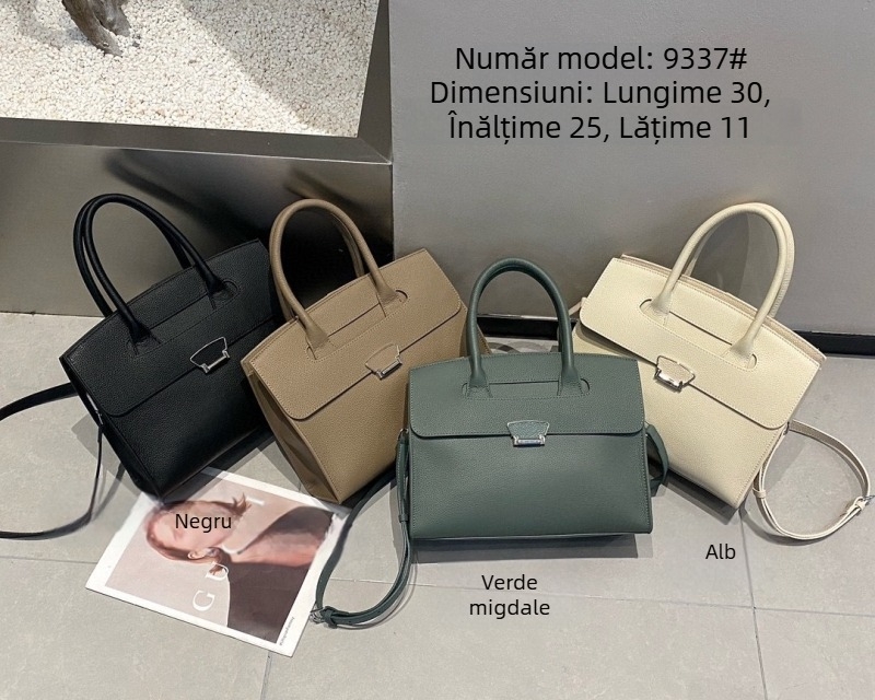 Geantă tote din piele naturală, capacitate mare, formă orizontală dreptunghiulară, căptușeală poliester, buzunar intern cu fermoar, o curea de umăr