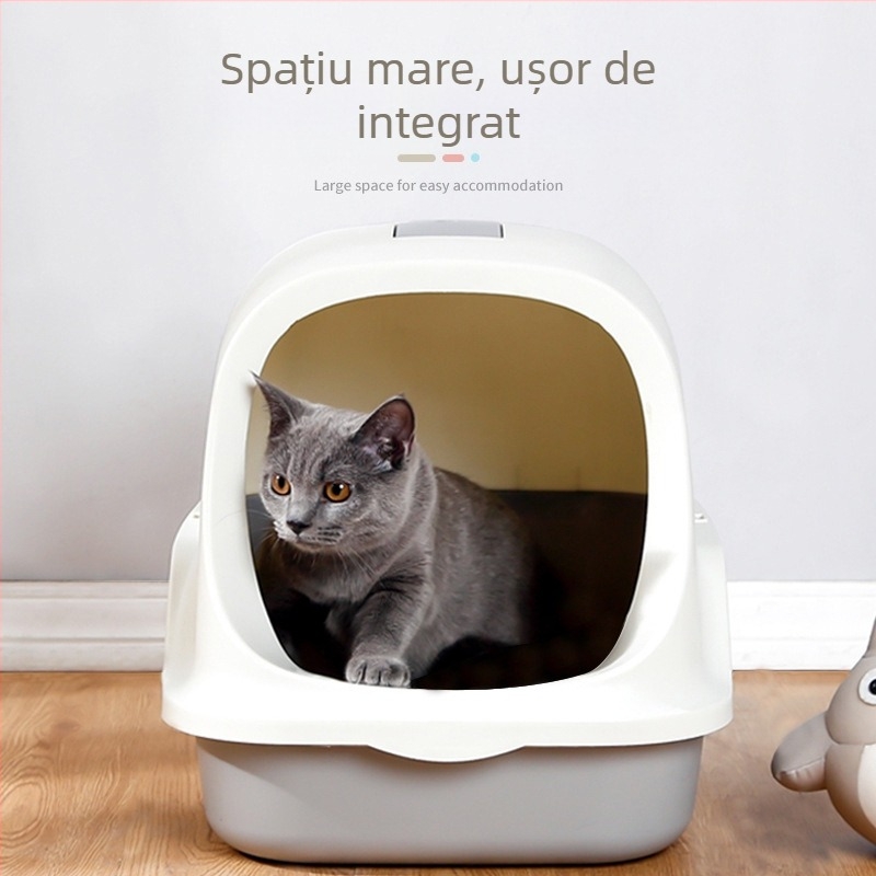 Casetă de nisip pentru pisici, cu capac basculant, protecție împotriva stropilor, complet închis, material PP, Brand Love