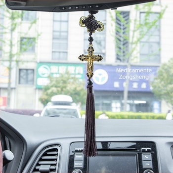 Ornament metalic pentru mașină – pandantiv în formă de cruce chinezesc cu ciucuri pentru oglinda retrovizoare, decor interior auto