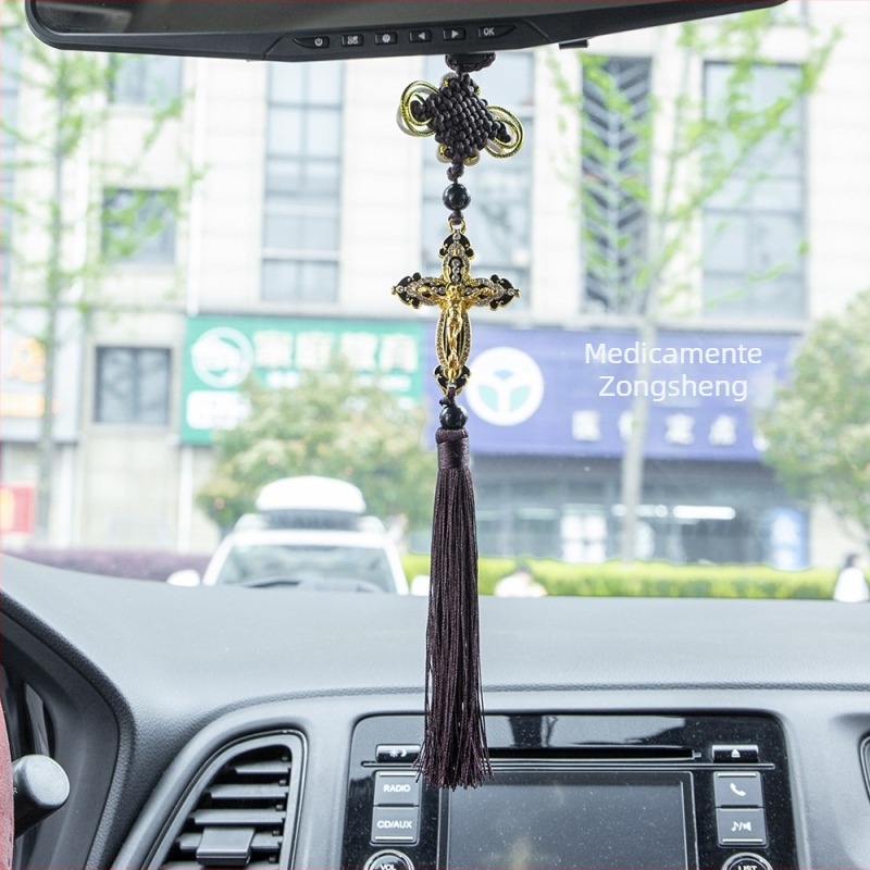 Ornament metalic pentru mașină – pandantiv în formă de cruce chinezesc cu ciucuri pentru oglinda retrovizoare, decor interior auto