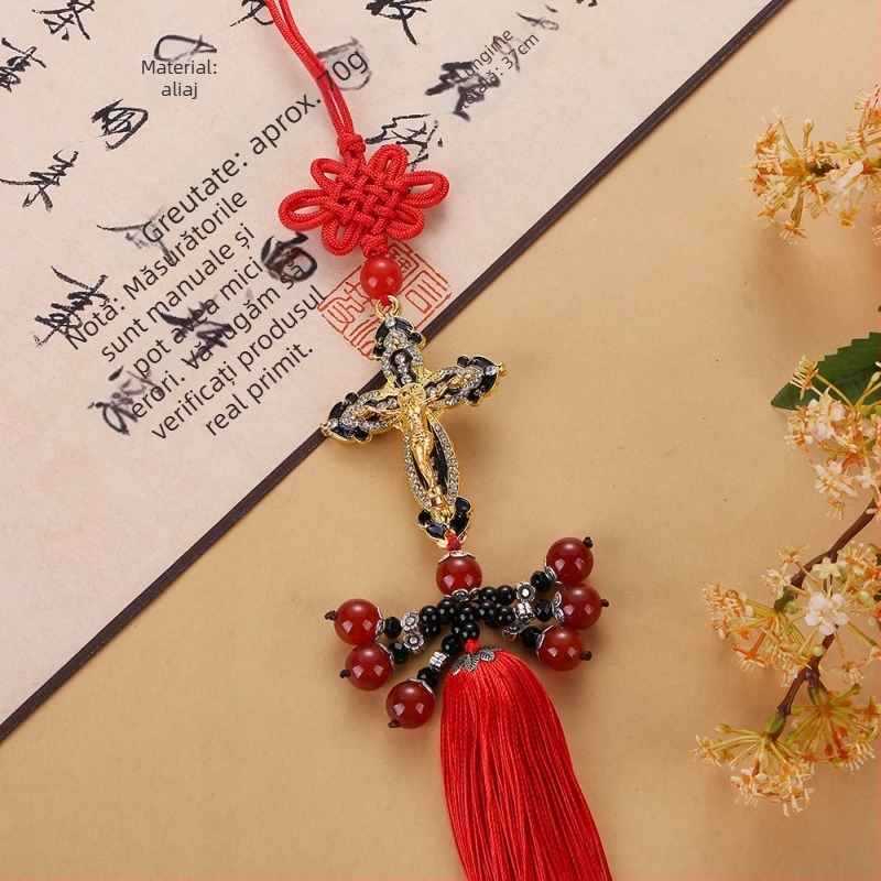 Ornament metalic pentru mașină – pandantiv în formă de cruce chinezesc cu ciucuri pentru oglinda retrovizoare, decor interior auto