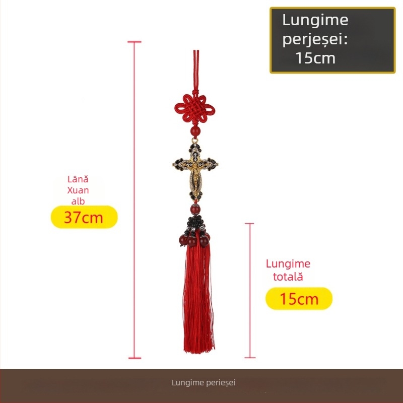 Ornament metalic pentru mașină – pandantiv în formă de cruce chinezesc cu ciucuri pentru oglinda retrovizoare, decor interior auto