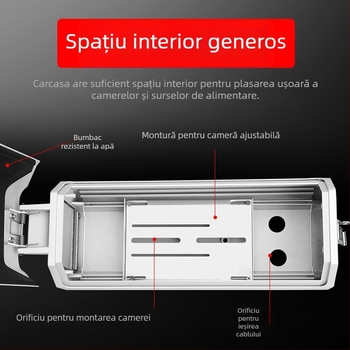 Capac protecție pentru cameră de supraveghere outdoor, tip gun, carcasă din plastic; cablu cu diametru până la 2 cm; temperatură de lucru -30°C până la 60°C; montaj cu șuruburi; fereastră 60×60 mm.