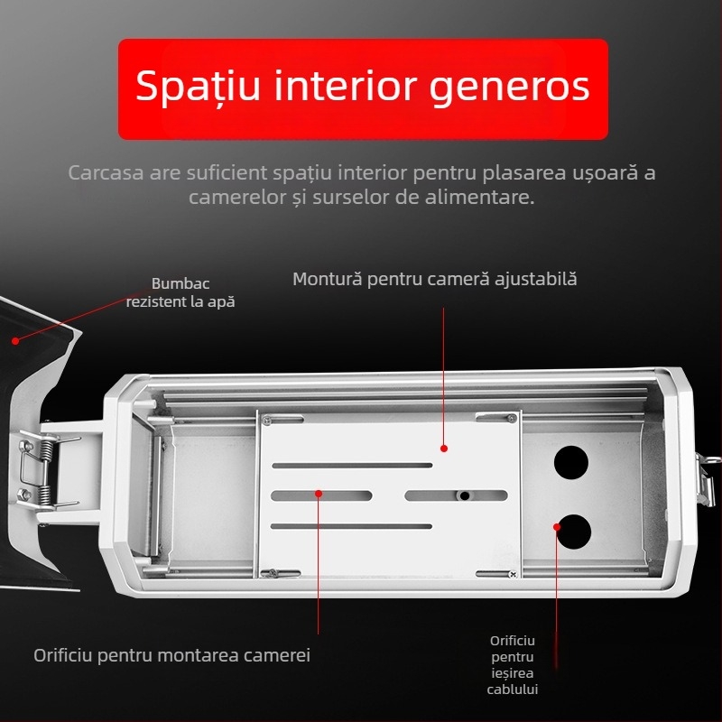 Capac protecție pentru cameră de supraveghere outdoor, tip gun, carcasă din plastic; cablu cu diametru până la 2 cm; temperatură de lucru -30°C până la 60°C; montaj cu șuruburi; fereastră 60×60 mm.