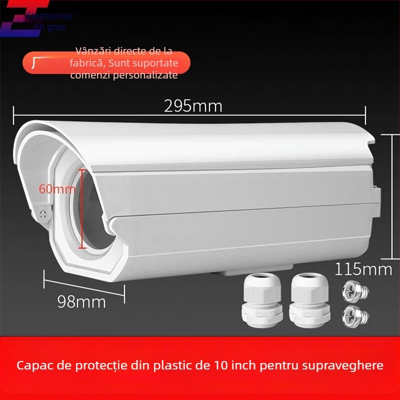 Capac protecție pentru cameră de supraveghere outdoor, tip gun, carcasă din plastic; cablu cu diametru până la 2 cm; temperatură de lucru -30°C până la 60°C; montaj cu șuruburi; fereastră 60×60 mm.