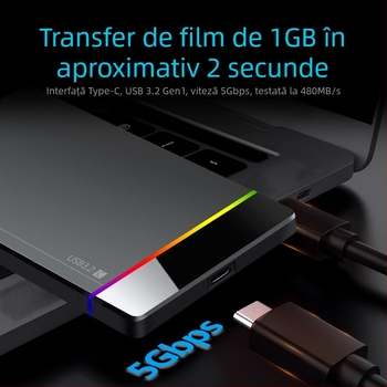 Shuole U25n-l Carcasă externă HDD de 2,5 inch cu Type-C, montaj fără unelte, indicator RGB, USB 3.2 Gen 1 (5 Gbps), PC+ABS, Suportă până la 6TB