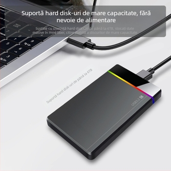 Shuole U25n-l Carcasă externă HDD de 2,5 inch cu Type-C, montaj fără unelte, indicator RGB, USB 3.2 Gen 1 (5 Gbps), PC+ABS, Suportă până la 6TB