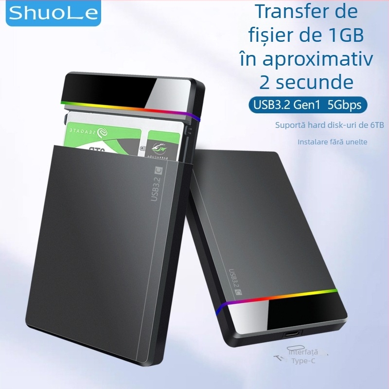 Shuole U25n-l Carcasă externă HDD de 2,5 inch cu Type-C, montaj fără unelte, indicator RGB, USB 3.2 Gen 1 (5 Gbps), PC+ABS, Suportă până la 6TB