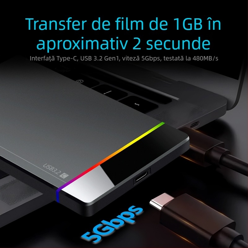 Shuole U25n-l Carcasă externă HDD de 2,5 inch cu Type-C, montaj fără unelte, indicator RGB, USB 3.2 Gen 1 (5 Gbps), PC+ABS, Suportă până la 6TB
