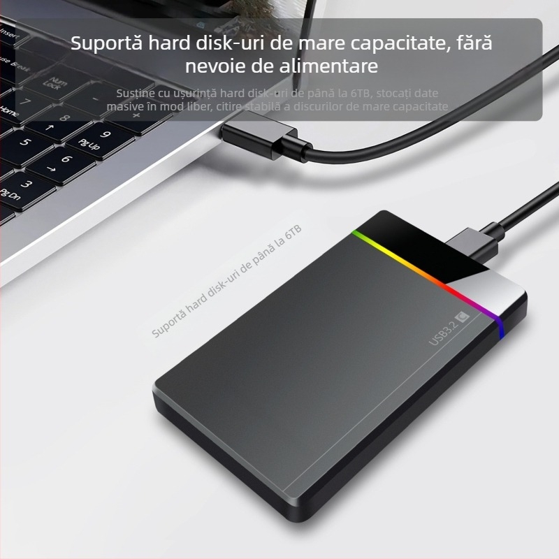 Shuole U25n-l Carcasă externă HDD de 2,5 inch cu Type-C, montaj fără unelte, indicator RGB, USB 3.2 Gen 1 (5 Gbps), PC+ABS, Suportă până la 6TB