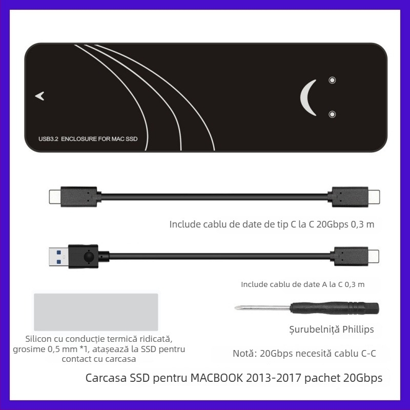 Carcasă SSD pentru MacBook Air/Pro (2013–2017), USB 3.2 Gen2 Type-A, până la 3 TB, model Enc2mac-j31, material PCB