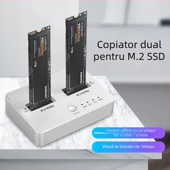 Carcasa externă M.2 cu două sloturi pentru SSD SATA/NVMe, USB 3.1 Gen2, 10 Gbps, clonare, aliaj de aluminiu + ABS, până la 4 TB