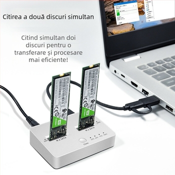 Carcasa externă M.2 cu două sloturi pentru SSD SATA/NVMe, USB 3.1 Gen2, 10 Gbps, clonare, aliaj de aluminiu + ABS, până la 4 TB