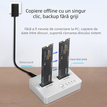 Carcasa externă M.2 cu două sloturi pentru SSD SATA/NVMe, USB 3.1 Gen2, 10 Gbps, clonare, aliaj de aluminiu + ABS, până la 4 TB