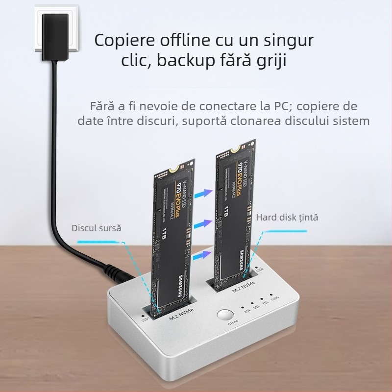 Carcasa externă M.2 cu două sloturi pentru SSD SATA/NVMe, USB 3.1 Gen2, 10 Gbps, clonare, aliaj de aluminiu + ABS, până la 4 TB