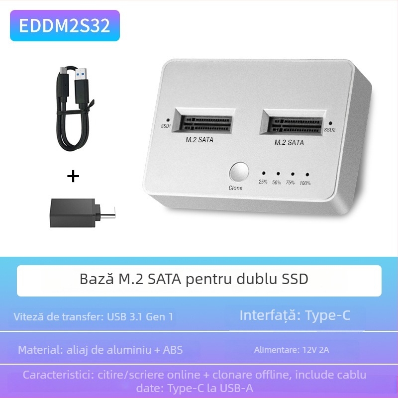 Carcasa externă M.2 cu două sloturi pentru SSD SATA/NVMe, USB 3.1 Gen2, 10 Gbps, clonare, aliaj de aluminiu + ABS, până la 4 TB
