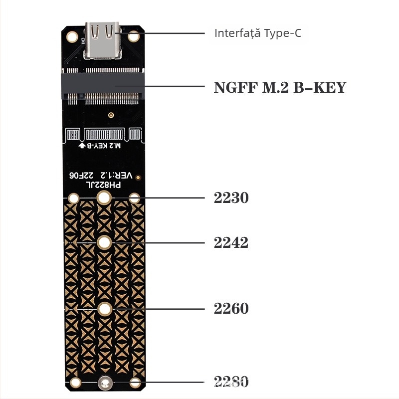Cardă de extensie M.2 NGFF B-key SATA către USB 3.1 Type-C 10Gbps cu controler JMS580 (Phdk Ph822jl)