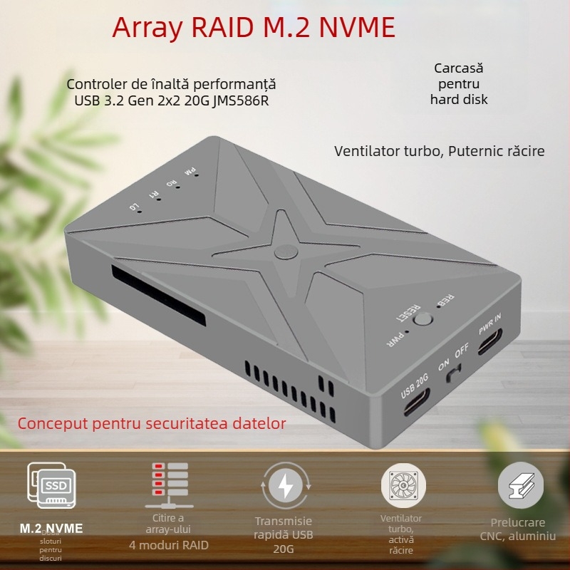 Carcasă RAID pentru M.2 NVMe SSD cu Type-C USB 3.2 Gen2x2, 20Gbps, aliaj de aluminiu, până la 4TB, model PH8586R