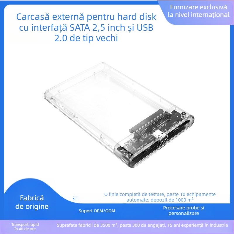 Carcasă pentru hard disk SATA de 2,5 inch, USB 2.0, PC+ABS, Suportă până la 300 GB, Carcasă externă transparentă