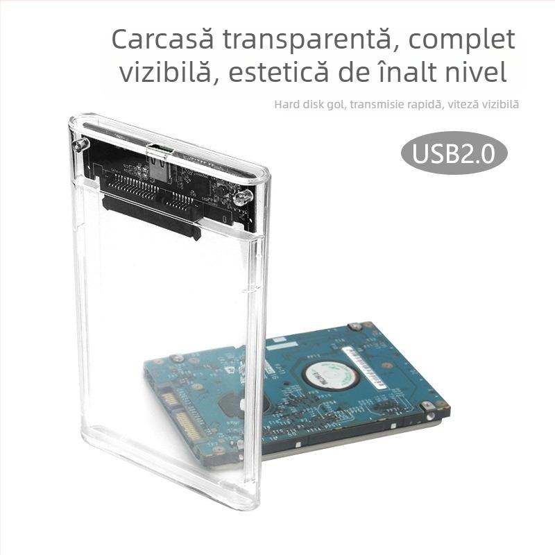 Carcasă pentru hard disk SATA de 2,5 inch, USB 2.0, PC+ABS, Suportă până la 300 GB, Carcasă externă transparentă