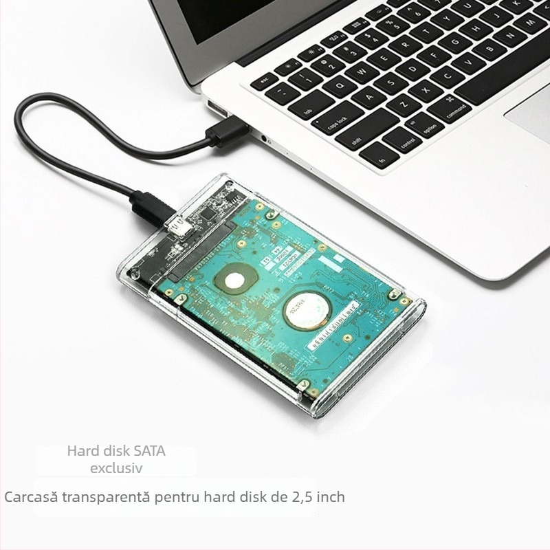 Carcasă pentru hard disk SATA de 2,5 inch, USB 2.0, PC+ABS, Suportă până la 300 GB, Carcasă externă transparentă