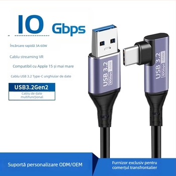 Cablu USB-C cu unghi de 90°, USB 3.2 Gen2, transfer de 10Gbps, PD 60W încărcare rapidă, pentru VR streaming și unități externe