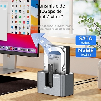 Carcasă NVMe cu două bay-uri și cititor M.2, suportă discuri de 2,5/3,5 inci, USB 3.2, 10Gbps, aliaj de aluminiu, copiere offline