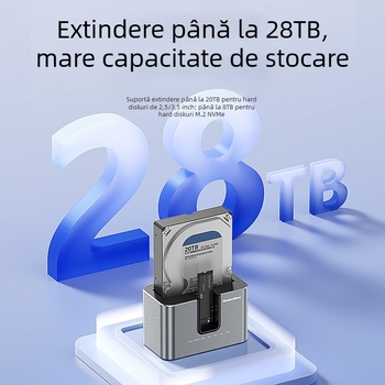 Carcasă NVMe cu două bay-uri și cititor M.2, suportă discuri de 2,5/3,5 inci, USB 3.2, 10Gbps, aliaj de aluminiu, copiere offline