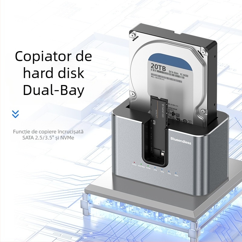 Carcasă NVMe cu două bay-uri și cititor M.2, suportă discuri de 2,5/3,5 inci, USB 3.2, 10Gbps, aliaj de aluminiu, copiere offline