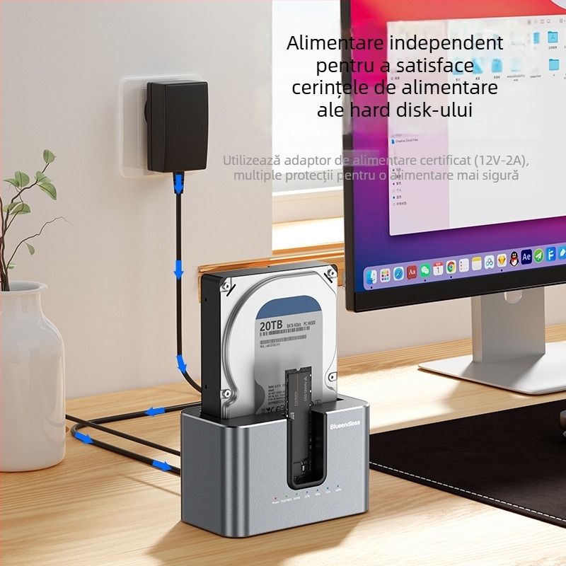 Carcasă NVMe cu două bay-uri și cititor M.2, suportă discuri de 2,5/3,5 inci, USB 3.2, 10Gbps, aliaj de aluminiu, copiere offline