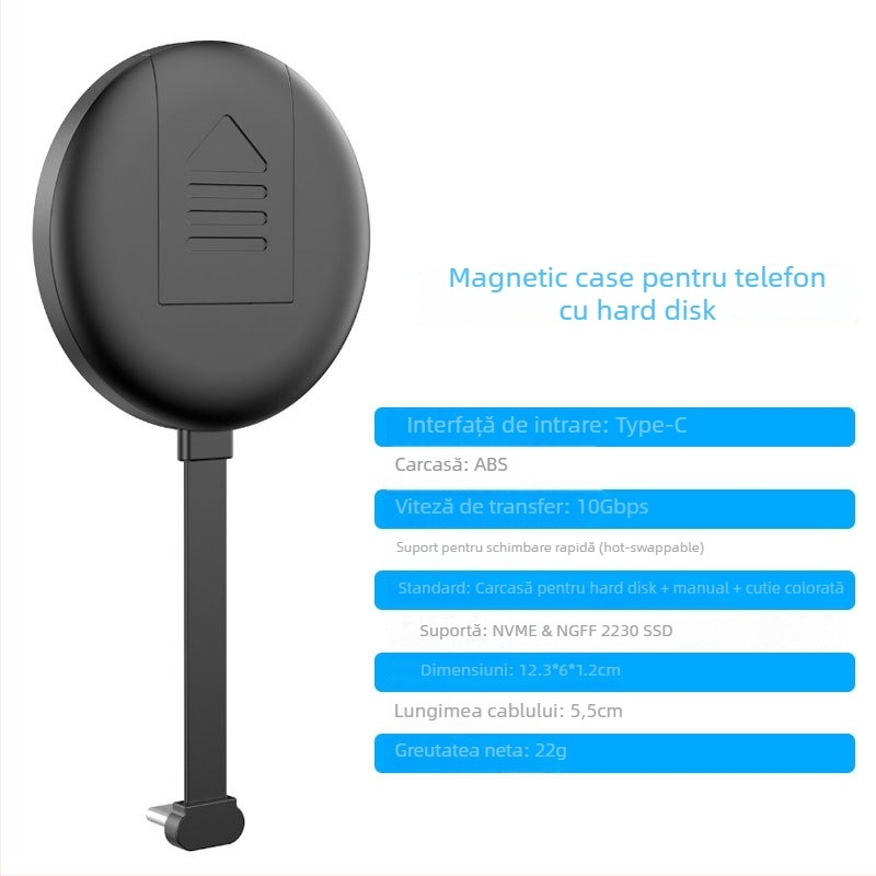 Carcasă SSD USB-C pentru M.2 NVMe & NGFF, cu magnet, până la 2TB, 10Gbps, ABS