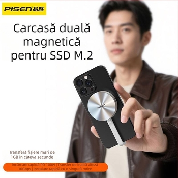 Carcasă externă magnetică M.2 pentru SSD | USB 3.2 Gen2, PCIe 4.0, Până la 2TB, Carcasă din aluminiu + silicon