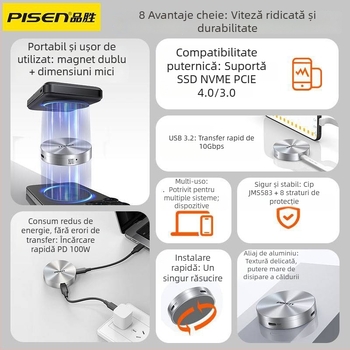 Carcasă externă magnetică M.2 pentru SSD | USB 3.2 Gen2, PCIe 4.0, Până la 2TB, Carcasă din aluminiu + silicon